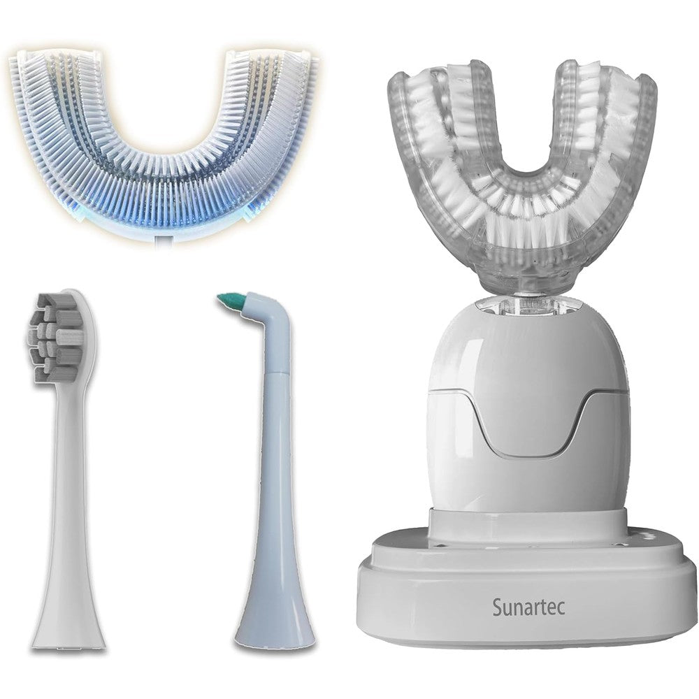 Sunartec 360 U-Shaped Automatic Sonic Toothbrush front view with charging base