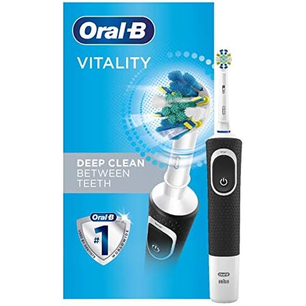 Oral-B Vitality FlossAction Rechargeable Electric Toothbrush in black front view showing handle and brush head.
