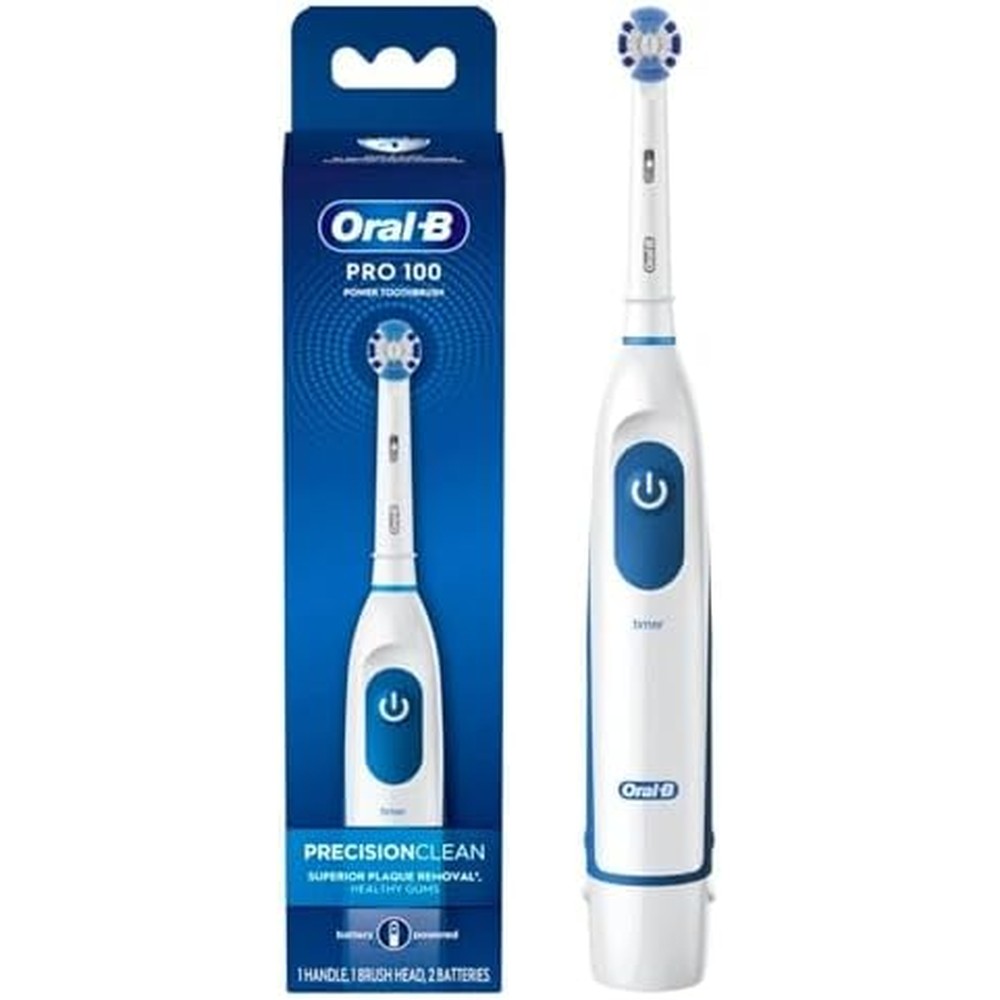 Oral-B Pro 100 Precision Clean electric toothbrush front view showing blue and white battery handle.