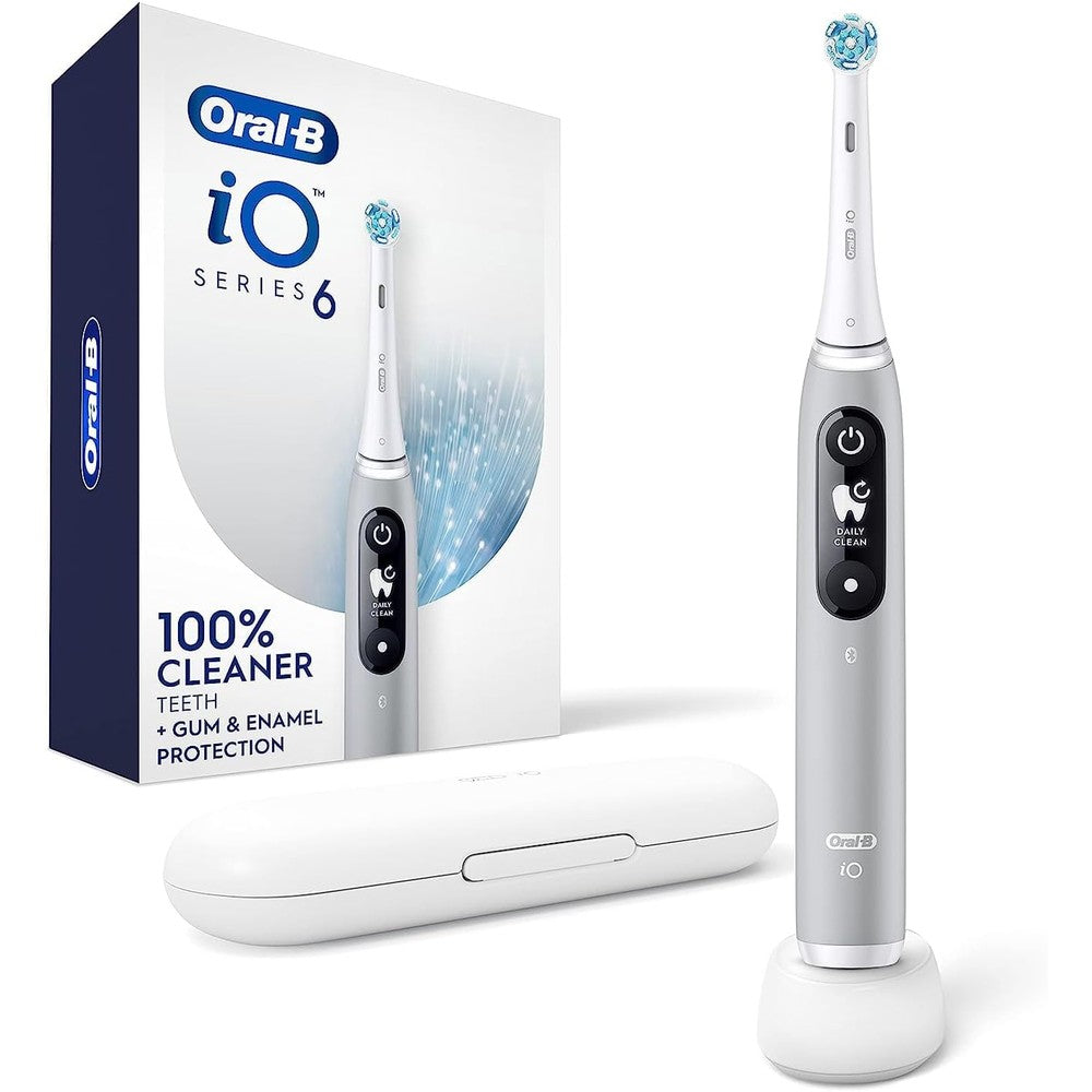 Oral-B iO Series 6 Electric Toothbrush Grey Opal front view showing the interactive digital display screen.