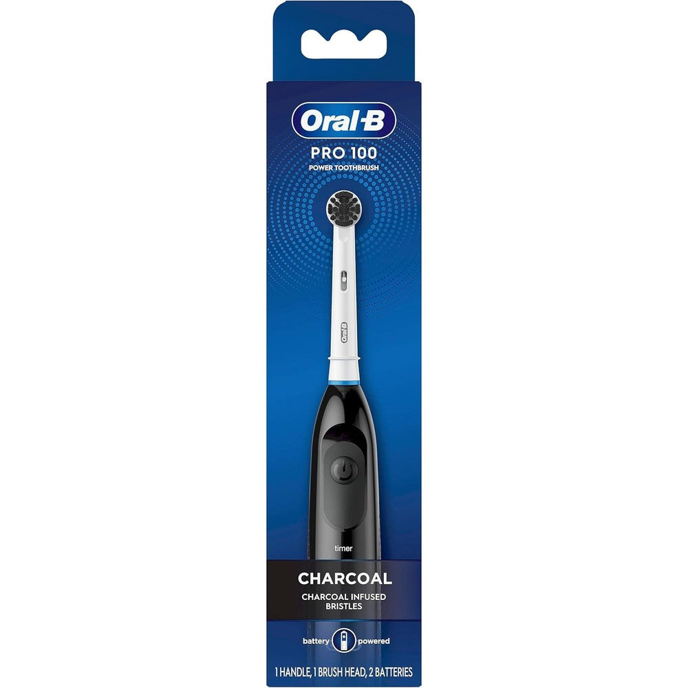Oral-B Pro 100 Charcoal battery powered electric toothbrush front view showing sleek black handle and brush head.