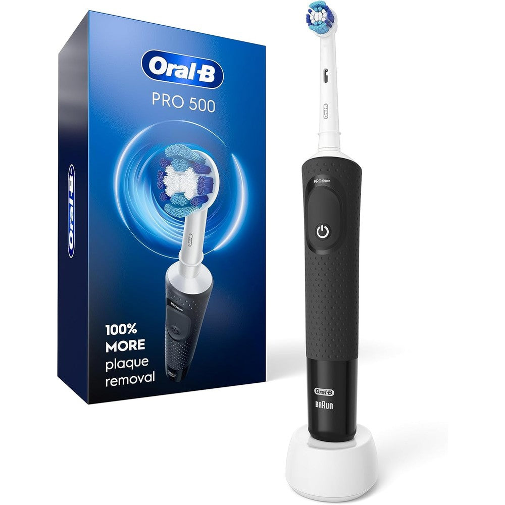 Oral-B Pro 500 electric toothbrush black front view showing premium handle design.