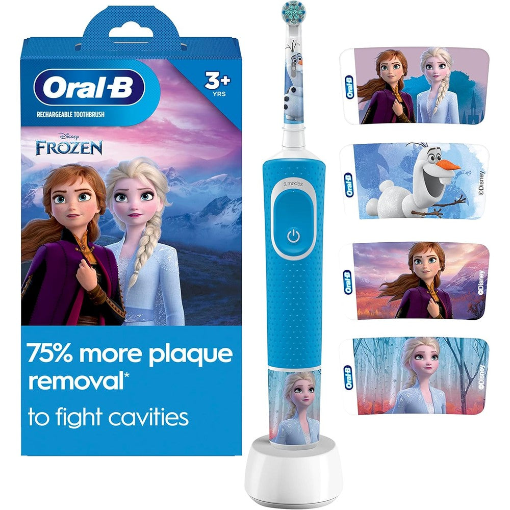 Oral-B Kids Electric Toothbrush Disney Frozen front view showing blue handle and character sticker.