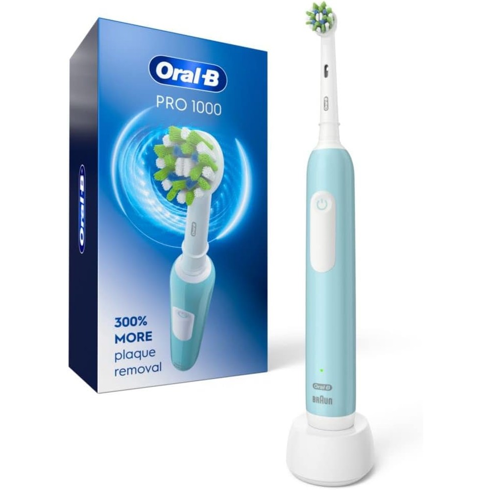 Oral-B Pro 1000 rechargeable electric toothbrush front view showing vibrant green brush head and light blue handle.