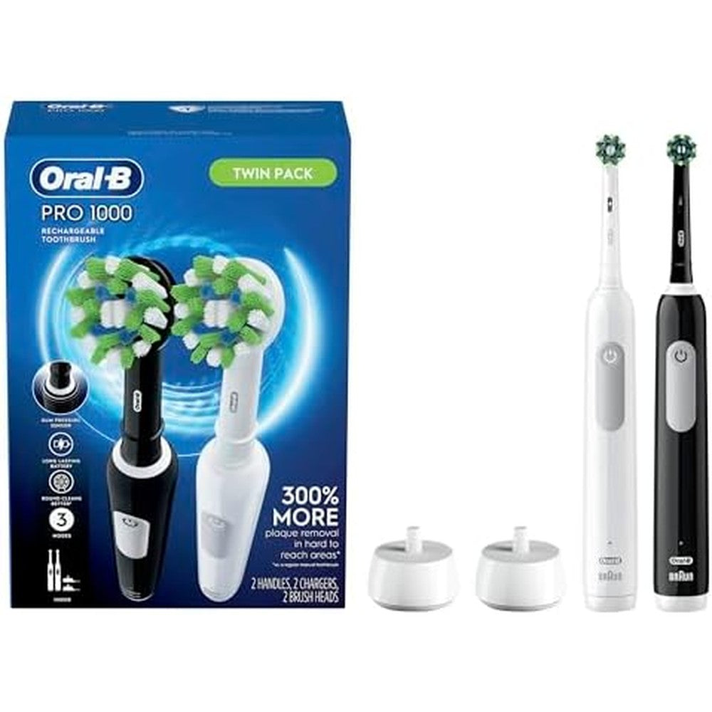 Oral-B Pro 1000 CrossAction Electric Toothbrush front view showcasing black and white handles with chargers.