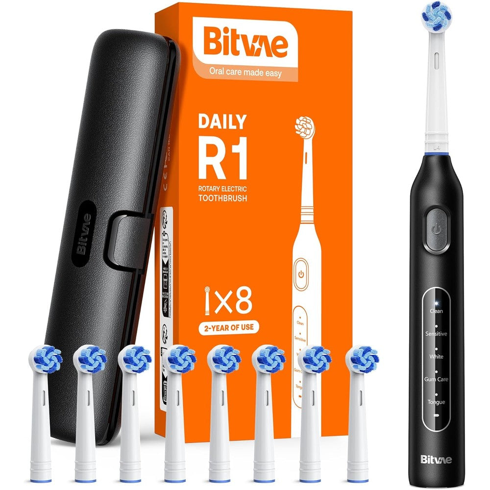 Bitvae R1 rotating electric toothbrush in black front view showing premium design