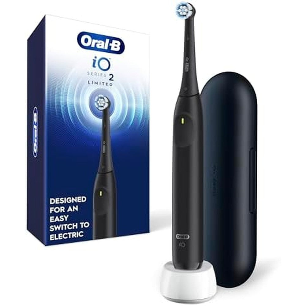 Oral-B iO Series 2 Rechargeable Electric Toothbrush front view in night black showing the sleek handle and round brush head.
