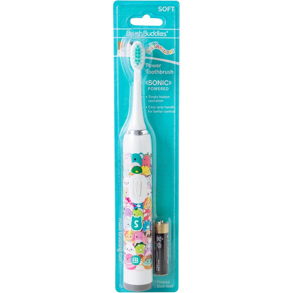 Brush Buddies Squishmallows Sonic Toothbrush front view packaging showcasing the cute character design and electric handle.