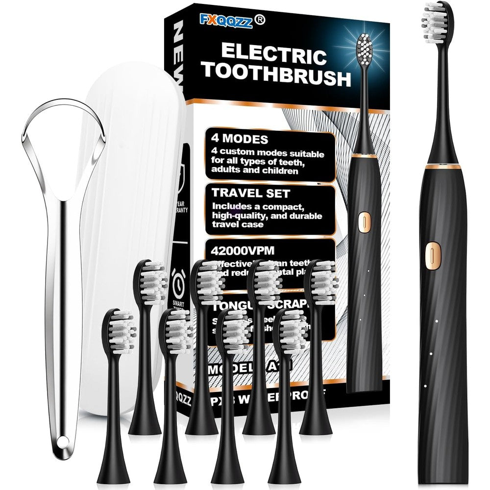 FXQQZZ sonic electric toothbrush front view showing the sleek black handle and premium bristles.