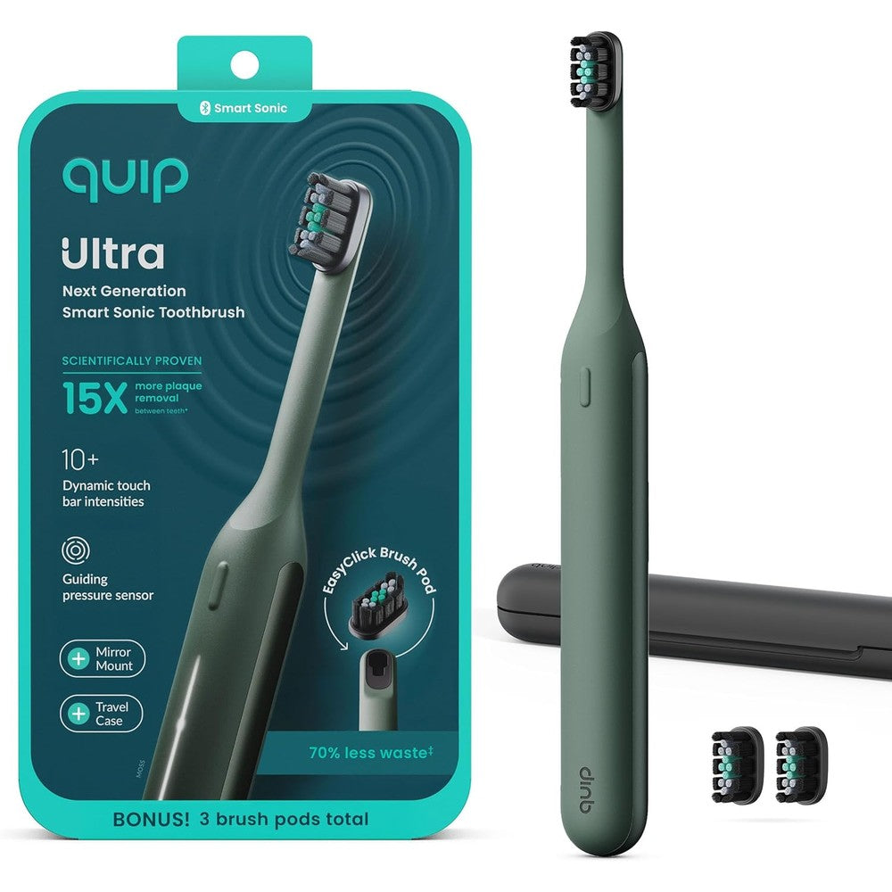 Quip Ultra Next Generation Smart Sonic Toothbrush in moss green front view showing sleek silicone handle.