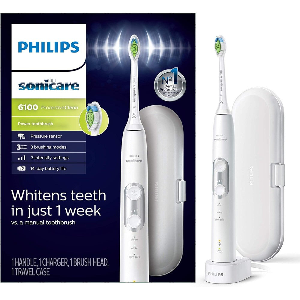 Philips Sonicare ProtectiveClean 6100 electric toothbrush front view in white