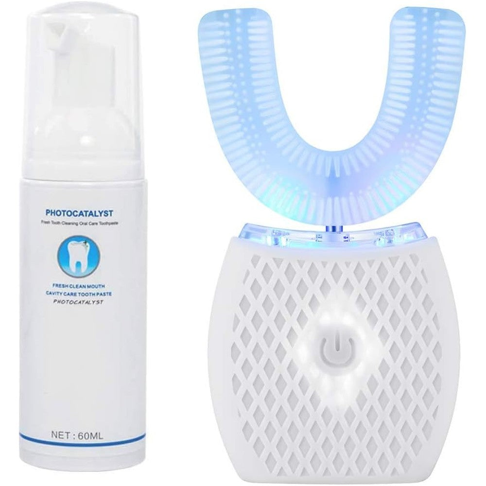 MAYBUY Automatic Ultrasonic Toothbrush front view showing the white U-shaped silicone mouthpiece and sleek power handle.