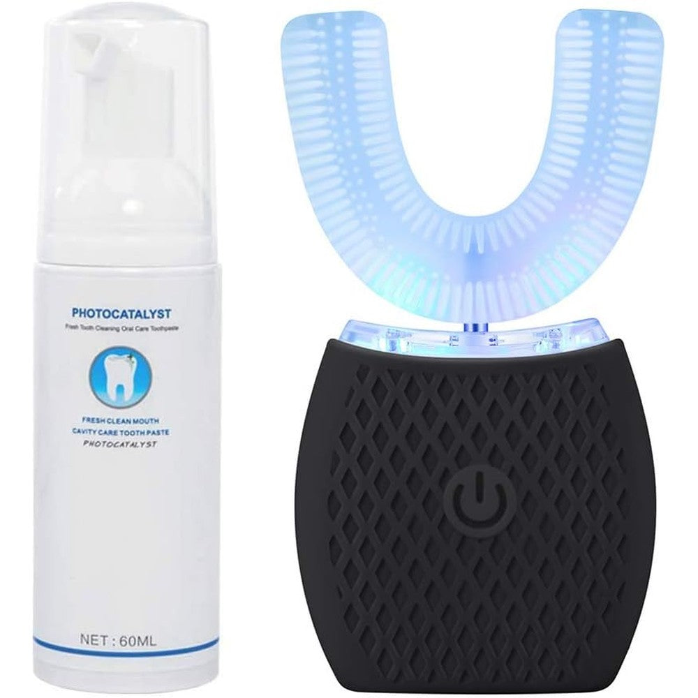 IVYARD Ultrasonic Automatic Toothbrush front view showing the sleek black handle and food-grade silicone U-shaped mouthpiece.