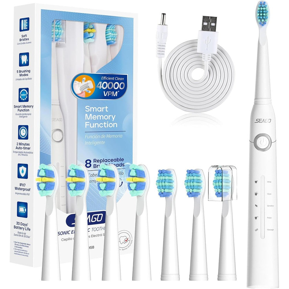 Seago sonic electric toothbrush front view showing the sleek white handle and premium packaging.