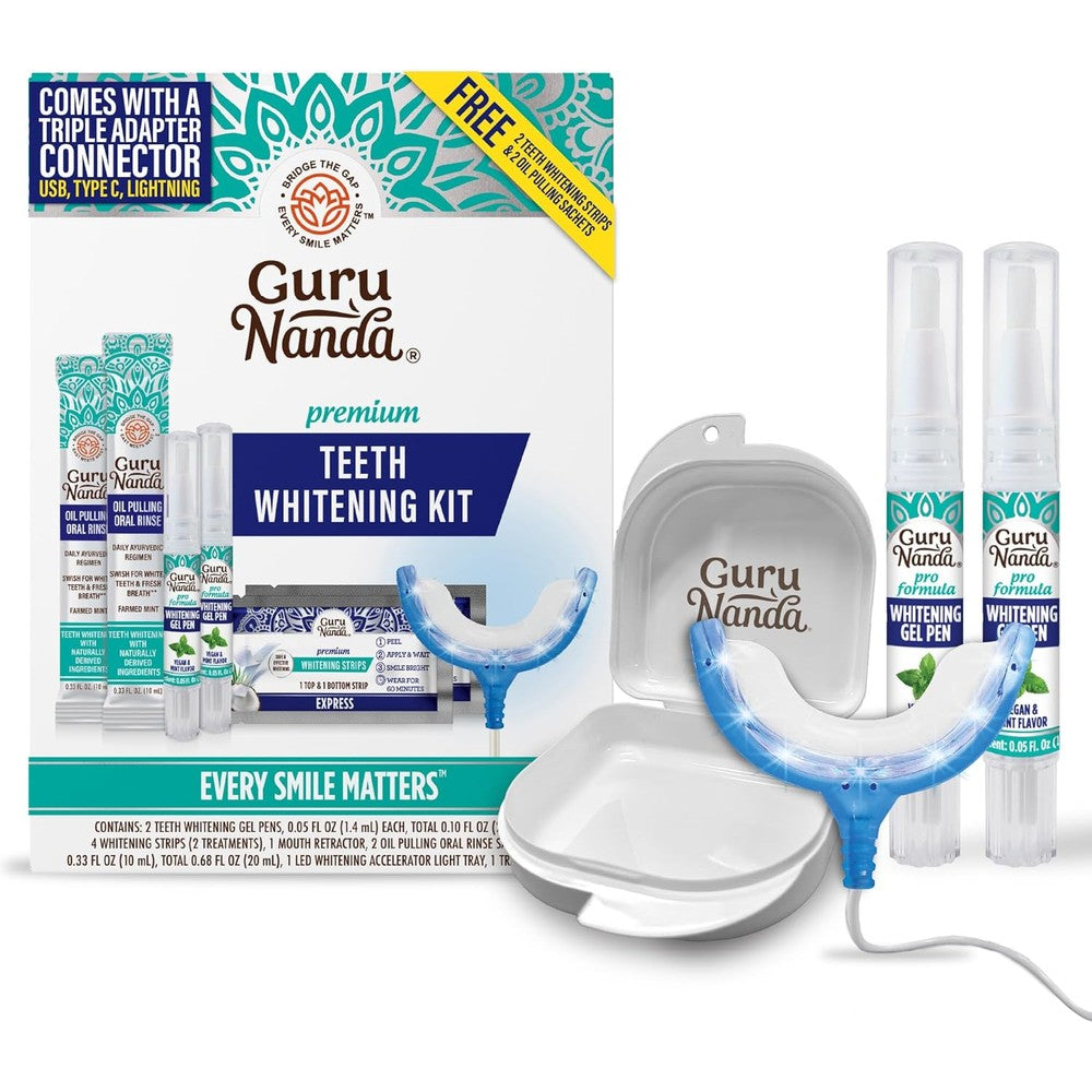 GuruNanda Premium Teeth Whitening Kit front view with LED light and gel pen