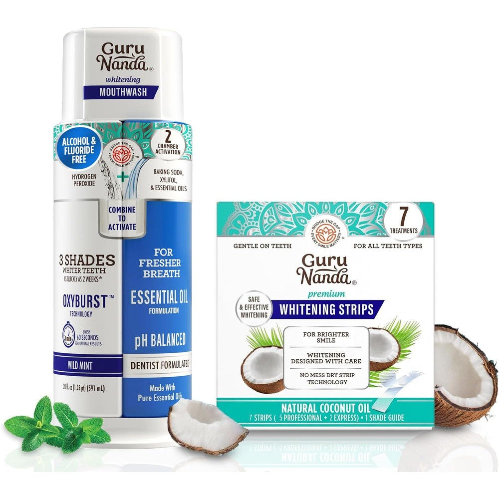 GuruNanda Whitening Wonder Duo packaging showing front view of dual barrel mouthwash and whitening strips kit