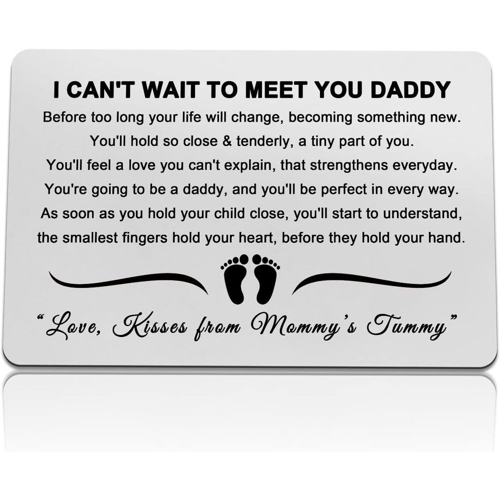 Dabihu new dad metal wallet insert card front view showing engraved poem.