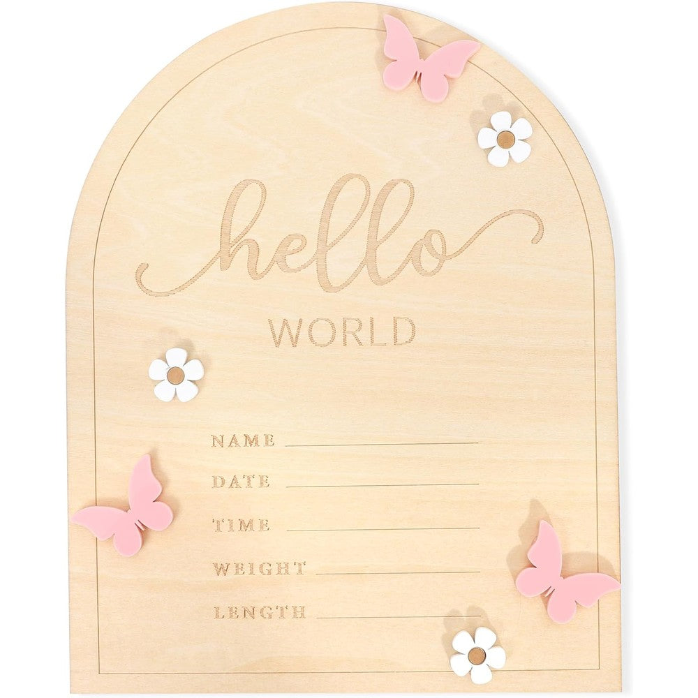 TERJIO Hello World Newborn Sign front view showing arched wood board with pink butterfly design