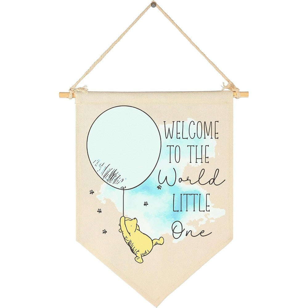Geanhil Welcome to the World Little One baby announcement banner front view hanging on a clean nursery wall