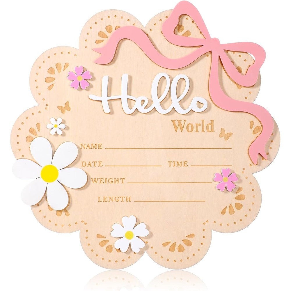 Larrel wooden newborn announcement sign front view with pink bow and daisy decorations for baby girls.