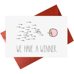 Gonzey funny pregnancy announcement card front view showing cartoon sperm illustration
