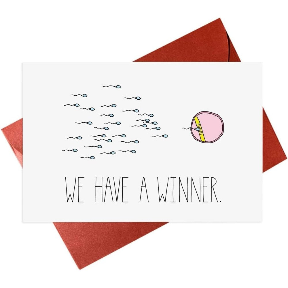 Gonzey funny pregnancy announcement card front view showing cartoon sperm illustration