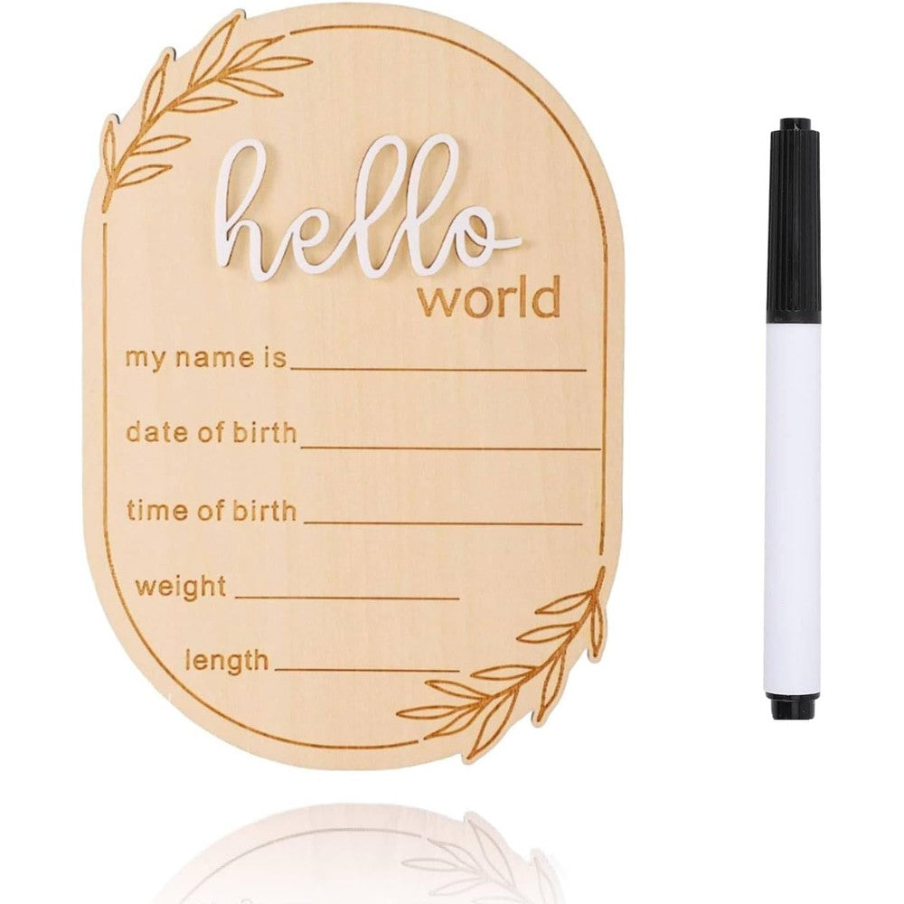 DUOJINSANXI wooden baby announcement sign front view showcasing hello world greeting
