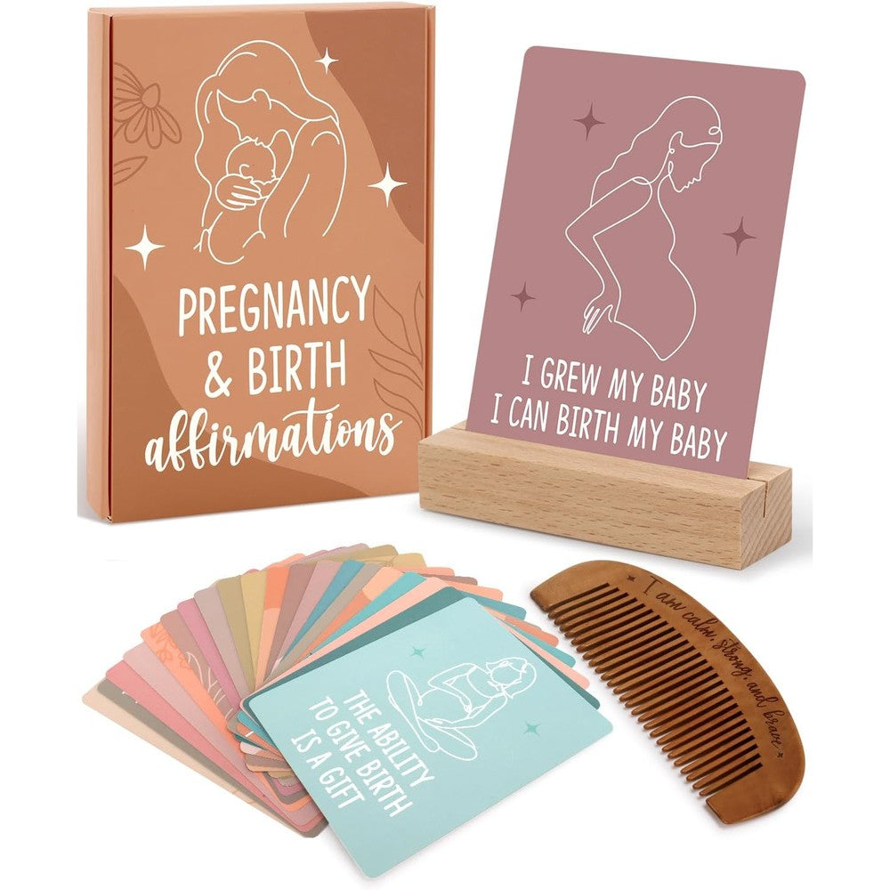 Levfla pregnancy and birth affirmation cards front view showing boho style card designs and wooden stand