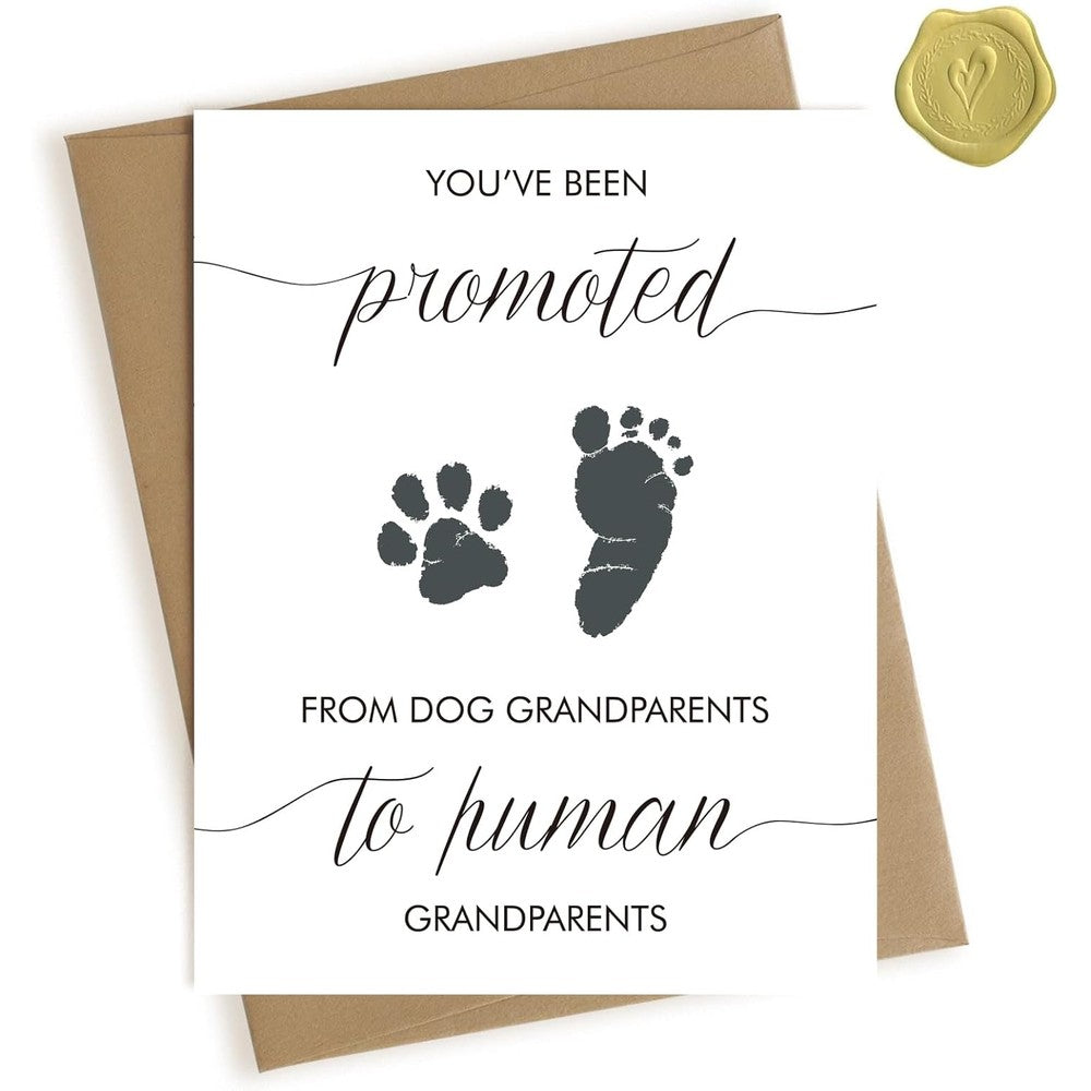 HAMUIERS pregnancy announcement card for grandparents front view featuring dog paw and baby footprint graphics