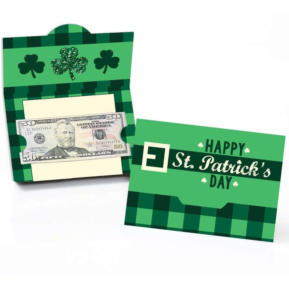 Big Dot of Happiness Saint Patricks Day gift card holder front view showing green buffalo plaid shamrock design.