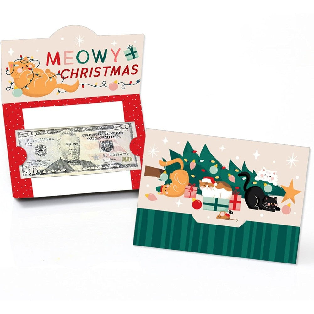 Big Dot of Happiness Cat Christmas Money Cards front view showing cute kittens near a festive tree.
