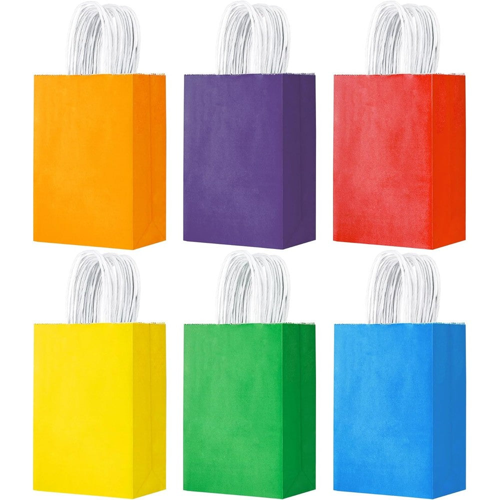 YEEHAW 24 pack small kraft paper gift bags front view in rainbow colors.