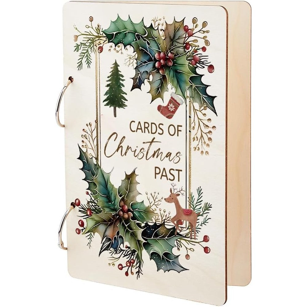 SUPERDANT Christmas Card Keeper front view showing wood cover with festive reindeer art