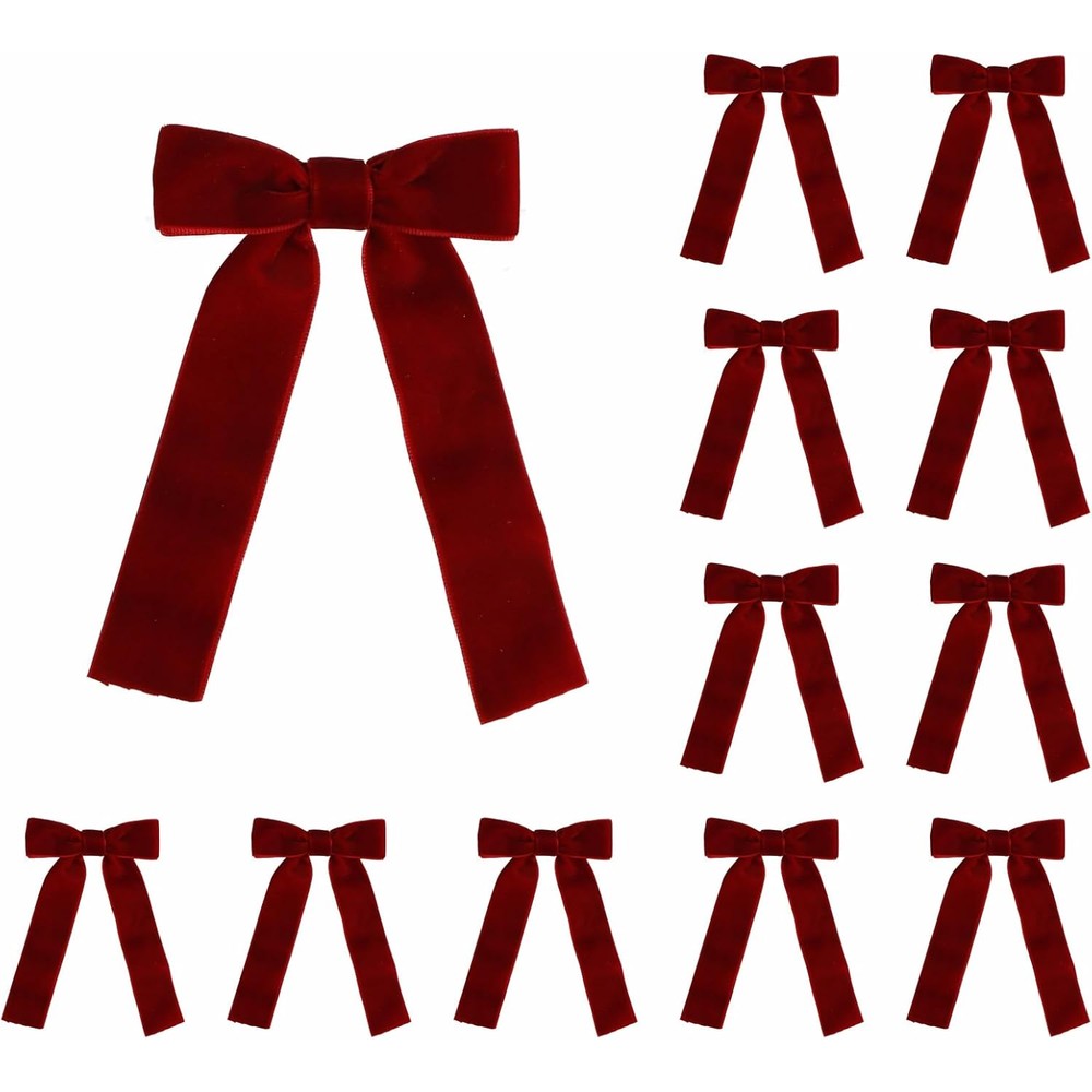 Meseey burgundy velvet bows 12 pieces pack front view showing classic maroon holiday ribbon design