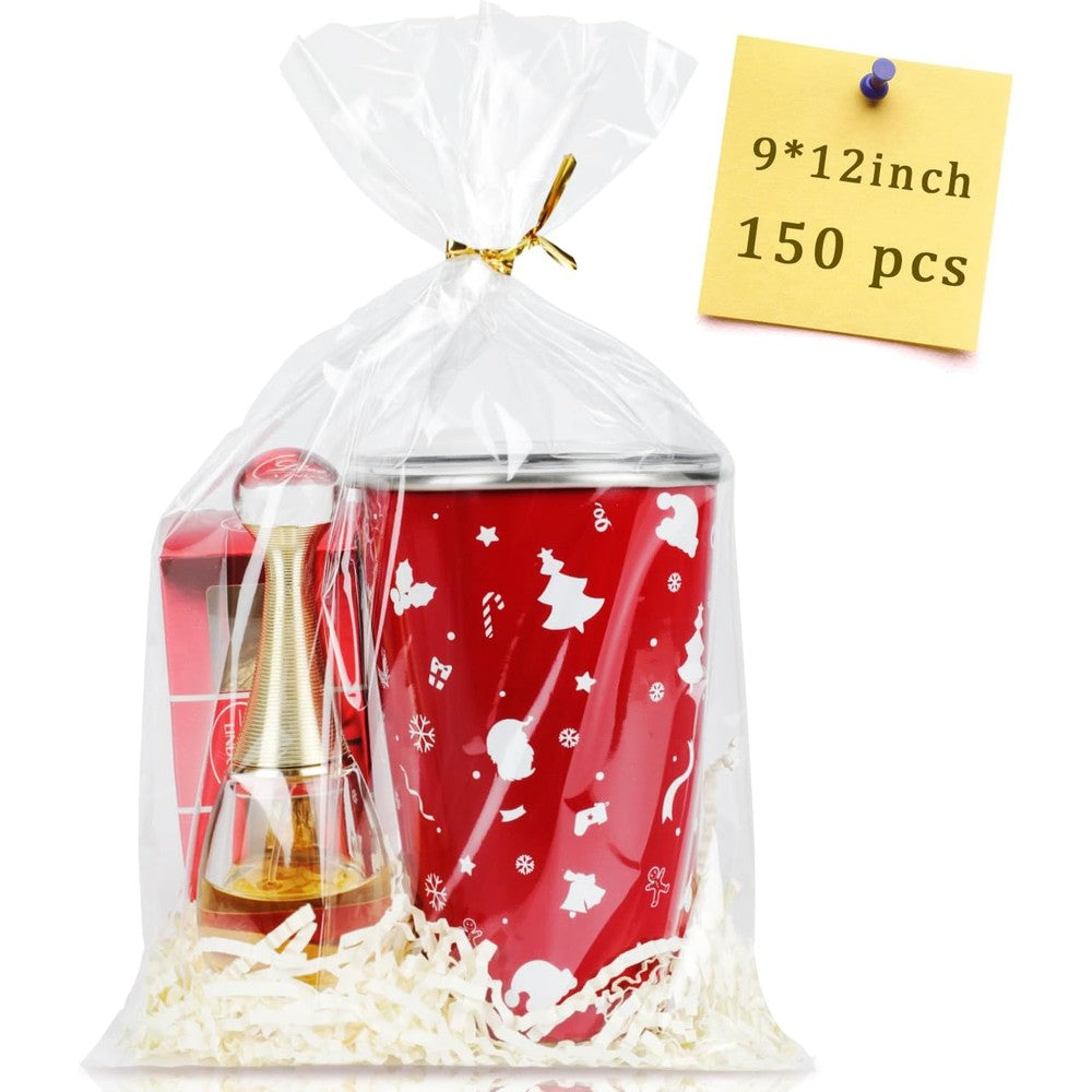 Labeol clear cellophane treat bags front view filled with colorful candies and sealed with gold twist ties
