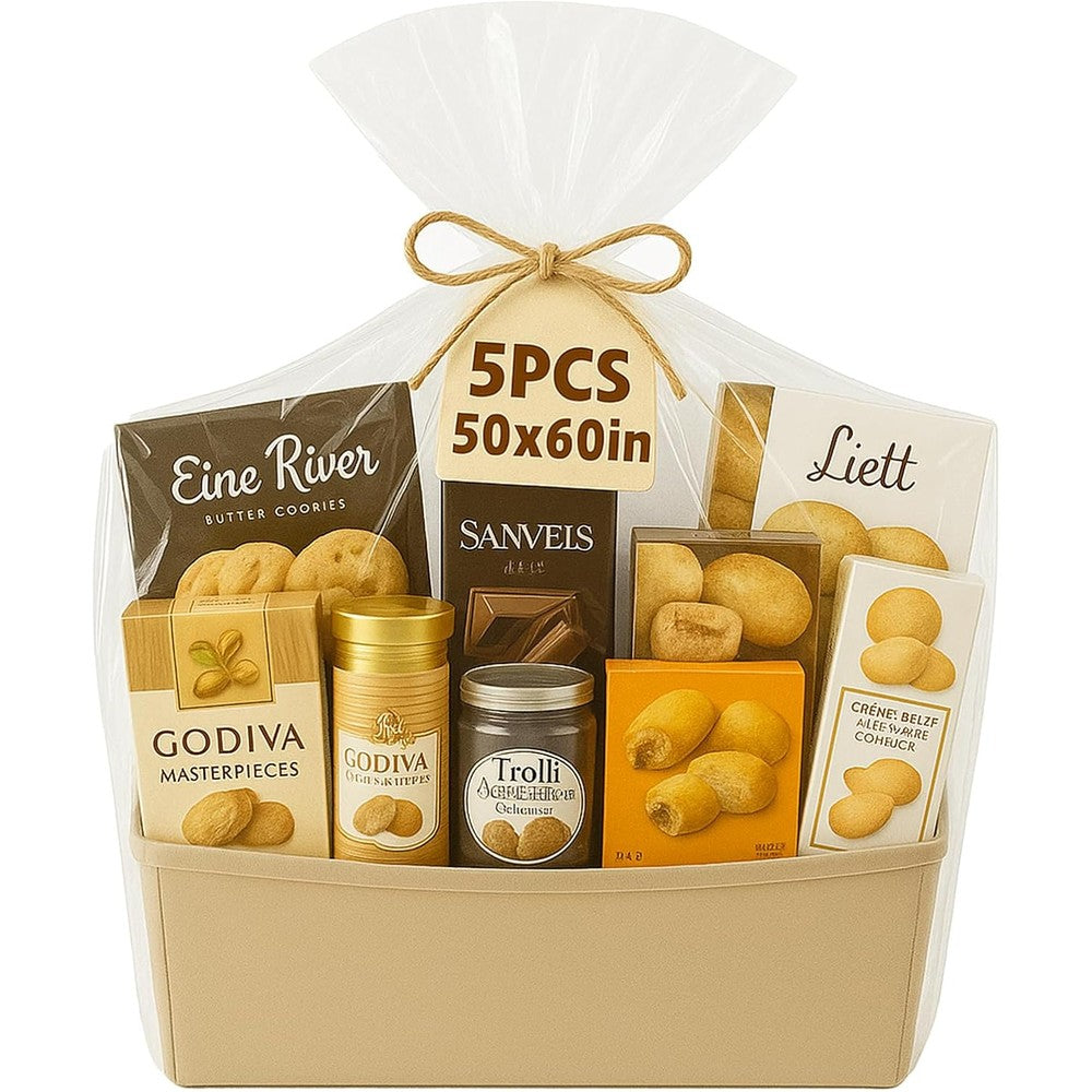 WIKDAY extra large cellophane wrap bags front view showcasing crystal clear packaging clarity for corporate hampers.