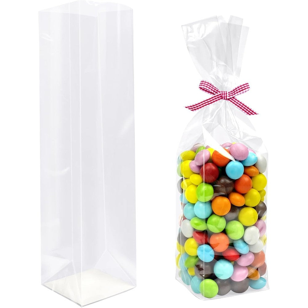 Morepack Gusseted Cellophane Flat Bottom Bags pack of 50 front view showing clear plastic packaging material.