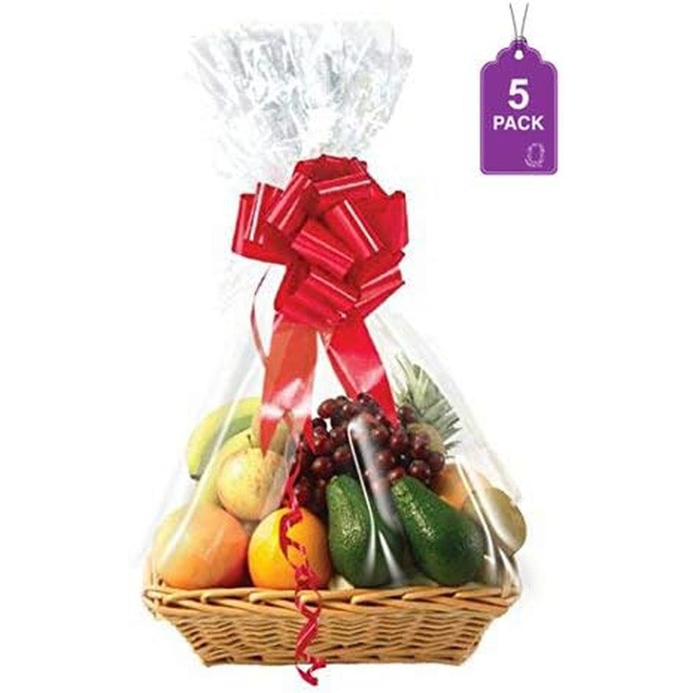 Purple Q Crafts clear cellophane basket bags front view showing crystal clear premium packaging for large gift baskets.
