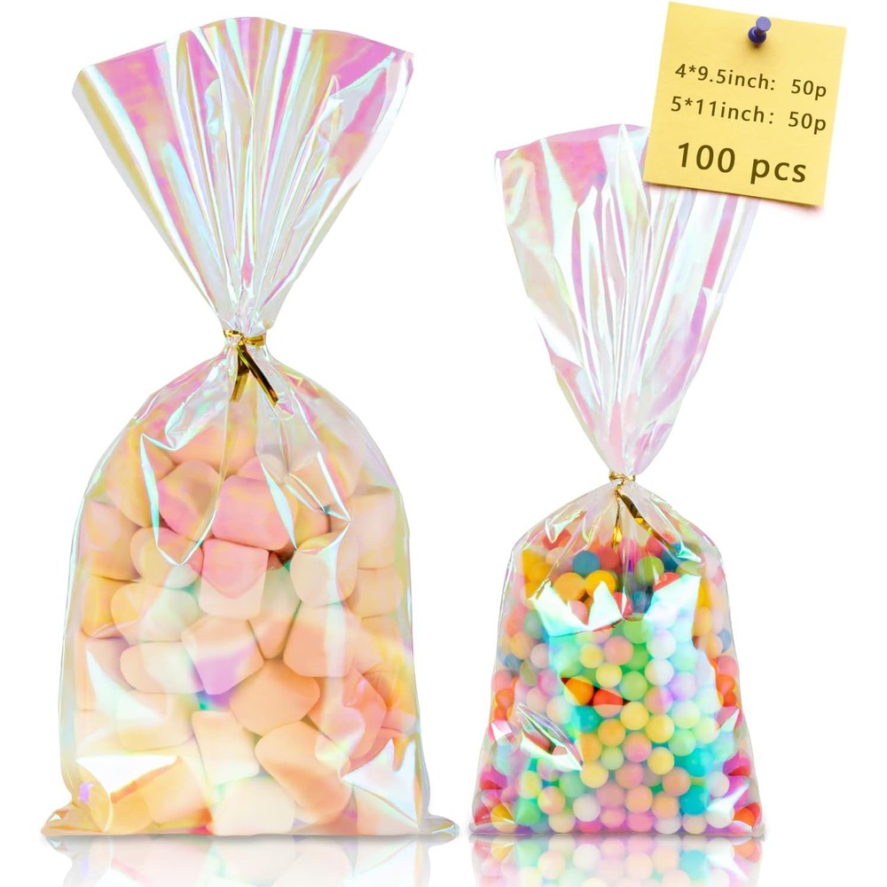 Labeol iridescent holographic cellophane bags pack front view party favor supplies