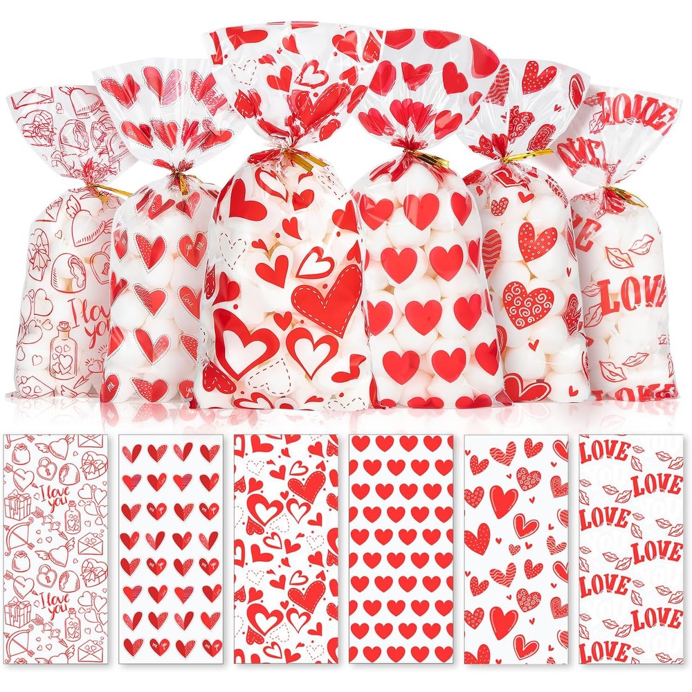 CUDICY Valentine Treat Bags front view showing six different red and white heart patterns filled with cookies and candies