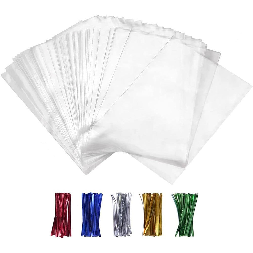 XLSFPY clear cellophane treat bags 100 count front view showing transparent packaging with colorful twist ties.