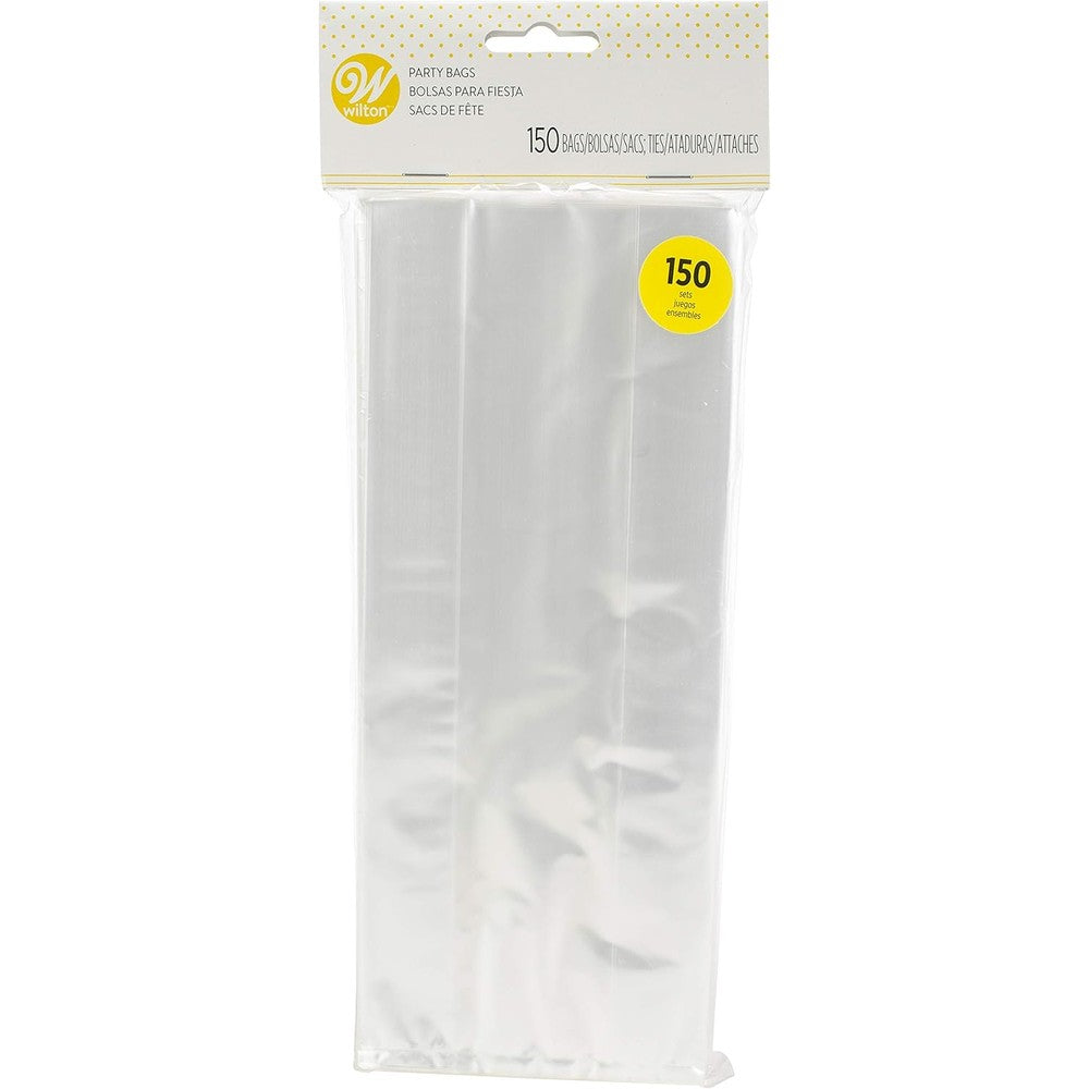 Wilton Clear Treat Party Bags front view of the one hundred fifty pack packaging showing transparent cellophane design