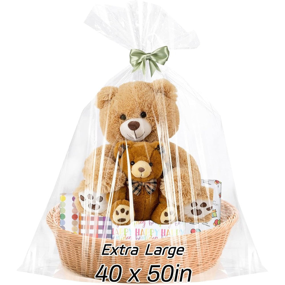 Woric extra large cellophane gift bags front view showcasing crystal clear transparency on a large hamper.