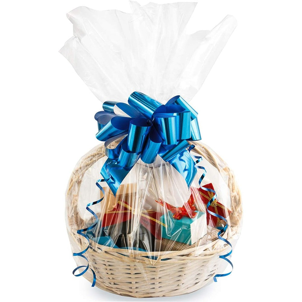 Morepack Large Cellophane Gift Basket Bags 10 count pack front view containing clear plastic wrap