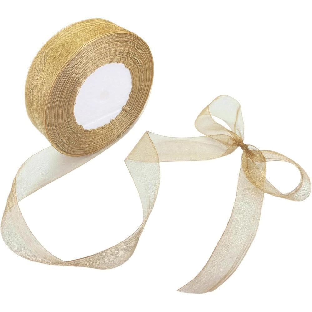 Beautope 1 inch gold organza ribbon roll front view