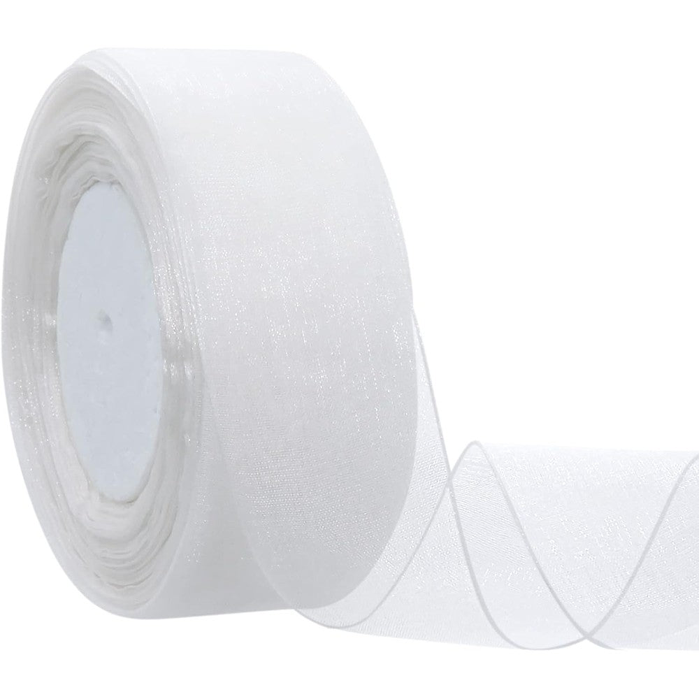 Hapeper 1-1/2 inch white sheer organza ribbon roll front view