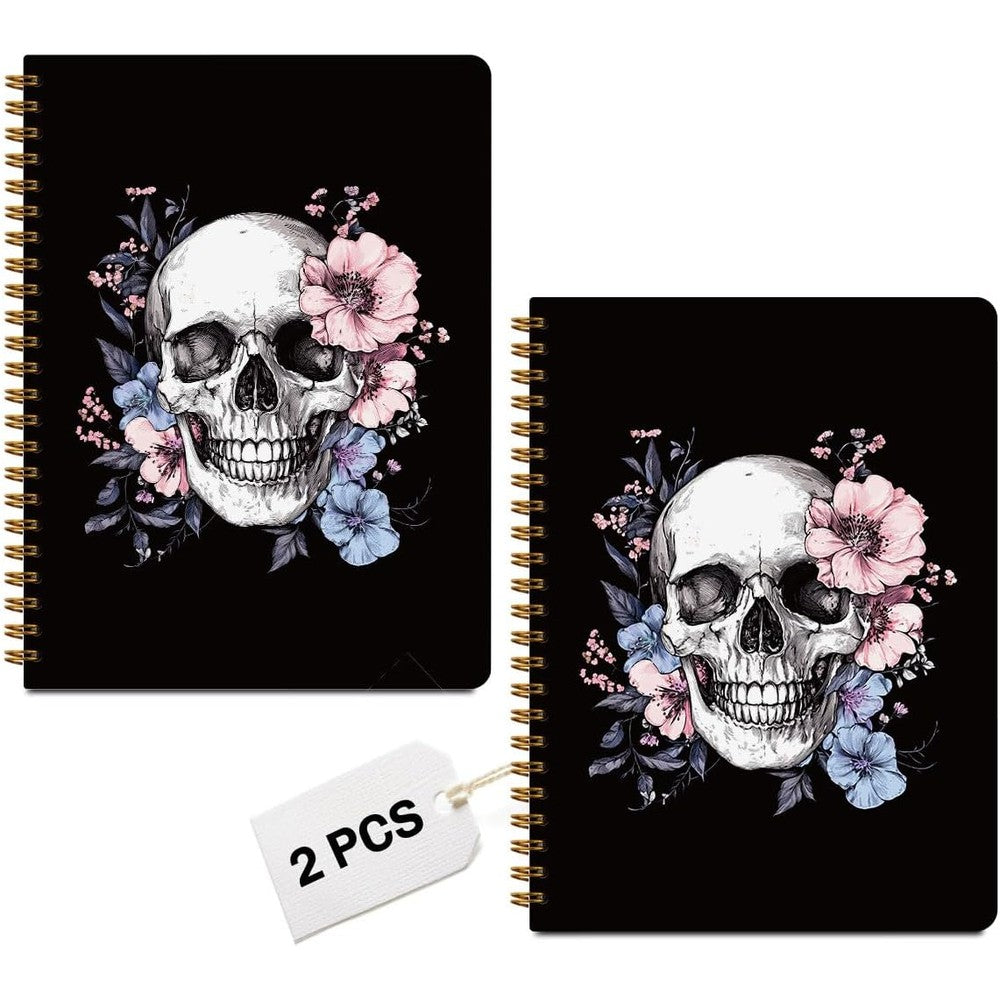MQBMQB Gothic Skull Spiral Notebook front view showing detailed skull art and floral patterns.