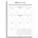 Templatables Brain Dump Notepad front view showcasing the A4 monochrome layout for daily productivity planning.