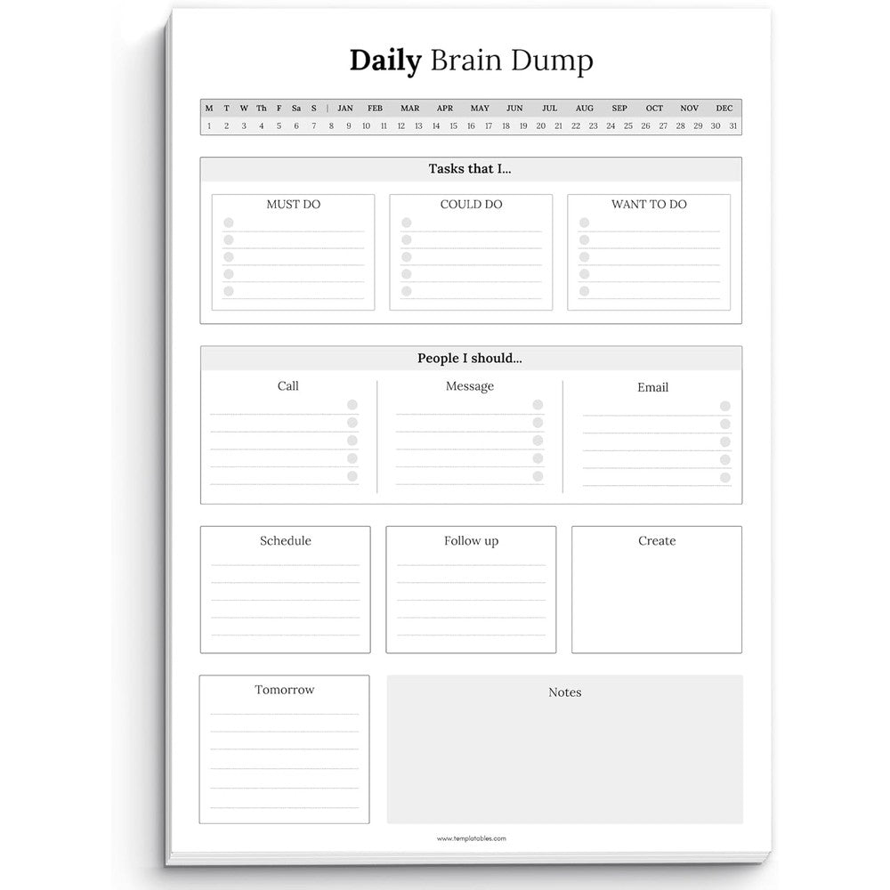 Templatables Brain Dump Notepad front view showcasing the A4 monochrome layout for daily productivity planning.
