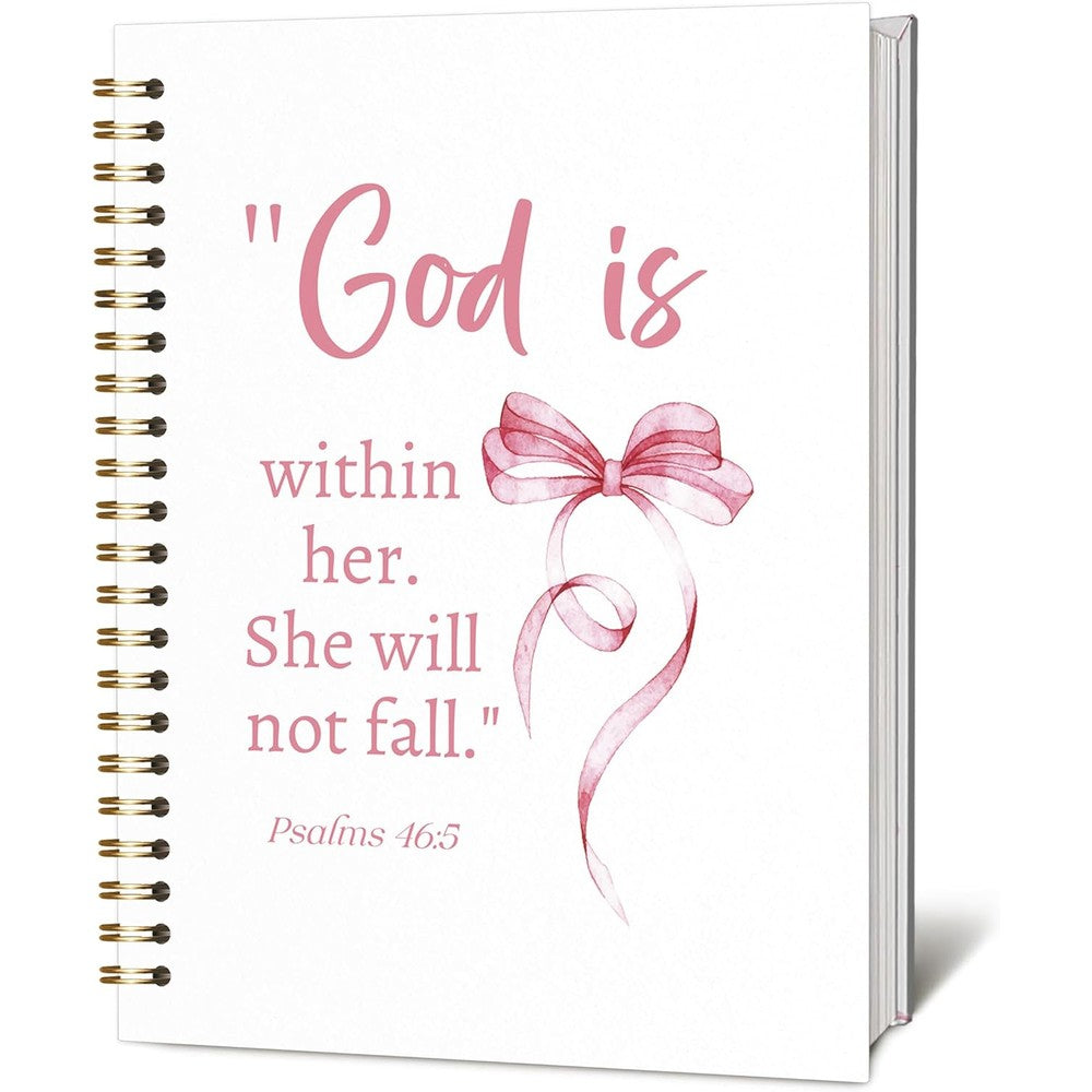 KIDEAR Christian Journal for Women front view showing the cute watercolor pink bow cover design.
